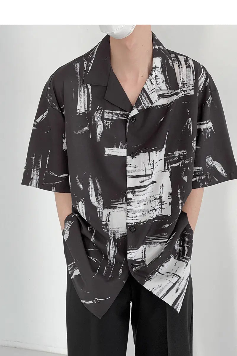 Japanese Cuban Collar Short-sleeved Shirt Men’s Five-point Sleeve Shirt Loose Trend