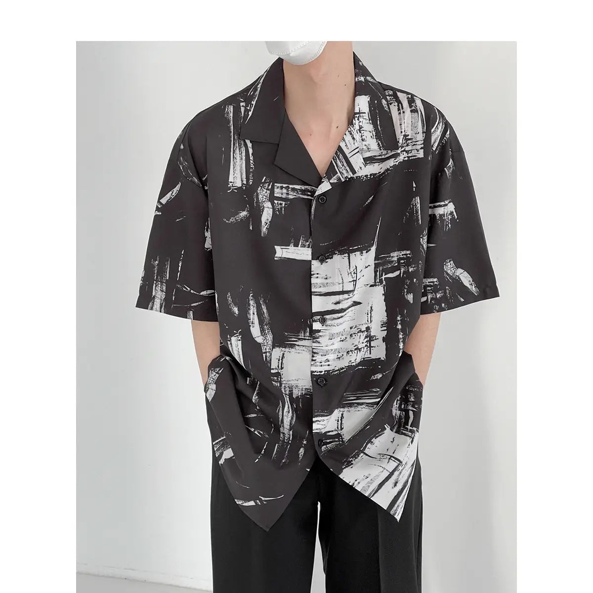 Japanese Cuban Collar Short-sleeved Shirt Men’s Five-point Sleeve Shirt Loose Trend