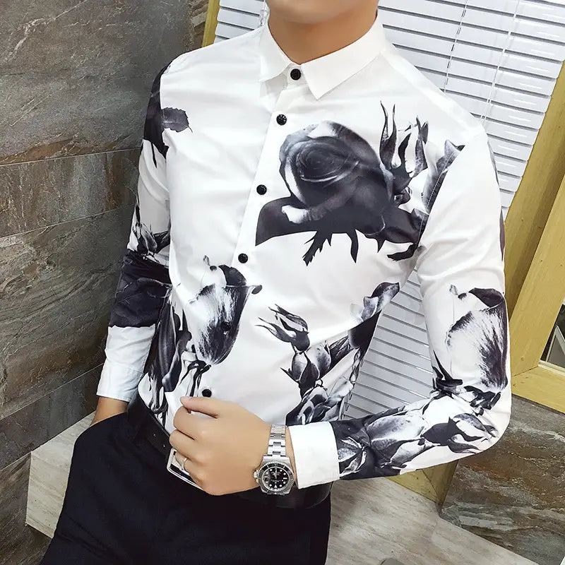 Black Rose Pattern Digital Printing Men’s Long-sleeved Shirt