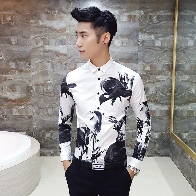 Black Rose Pattern Digital Printing Men’s Long-sleeved Shirt