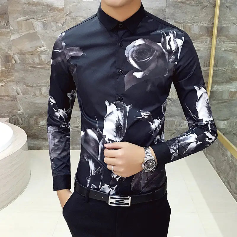 Black Rose Pattern Digital Printing Men’s Long-sleeved Shirt