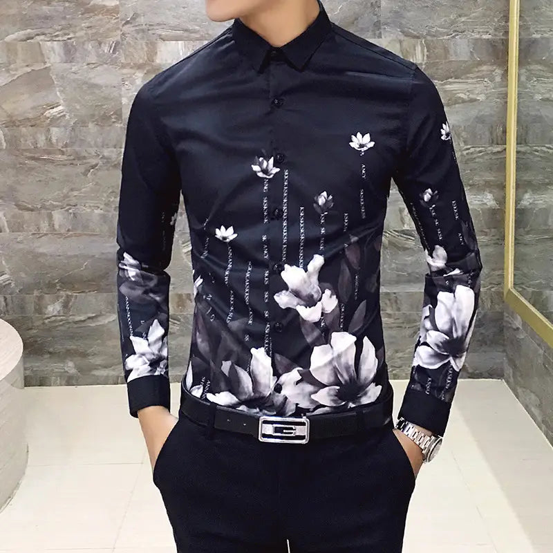 Black Rose Pattern Digital Printing Men’s Long-sleeved Shirt