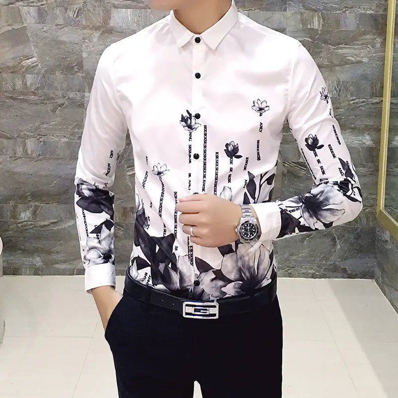 Black Rose Pattern Digital Printing Men’s Long-sleeved Shirt