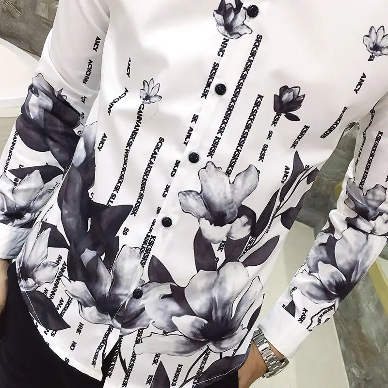 Black Rose Pattern Digital Printing Men’s Long-sleeved Shirt