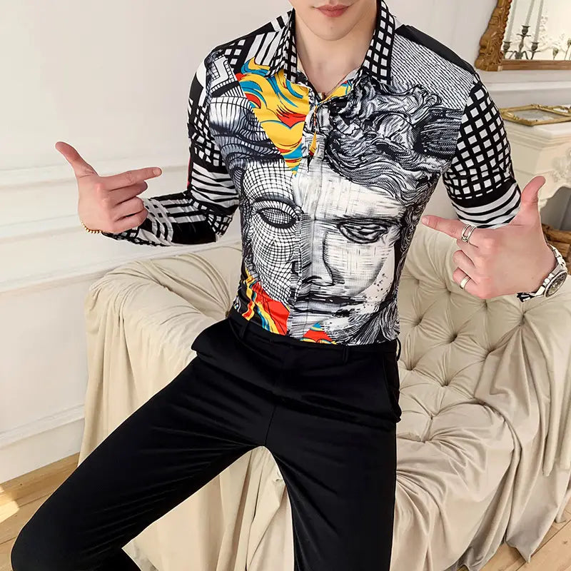 Black Rose Pattern Digital Printing Men’s Long-sleeved Shirt