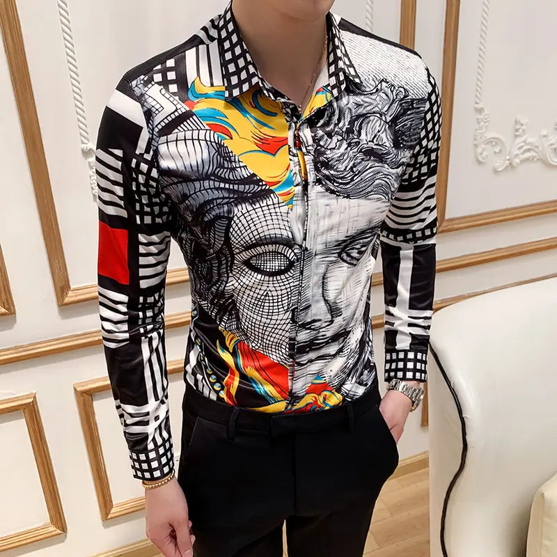 Black Rose Pattern Digital Printing Men’s Long-sleeved Shirt