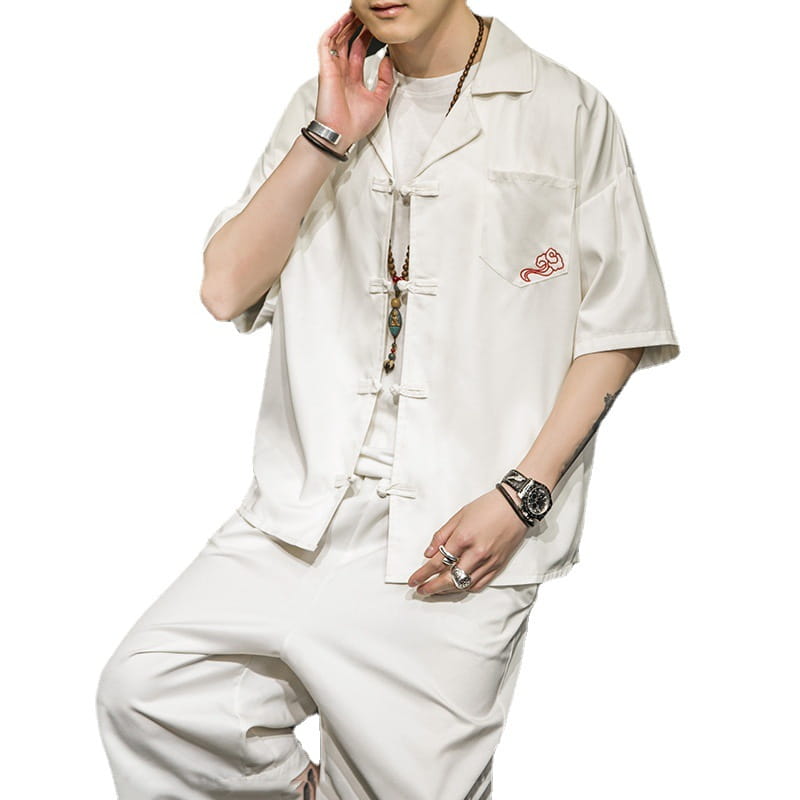 Cotton Linen Disc Button Shirt Collar Short-sleeved T-shirt Set