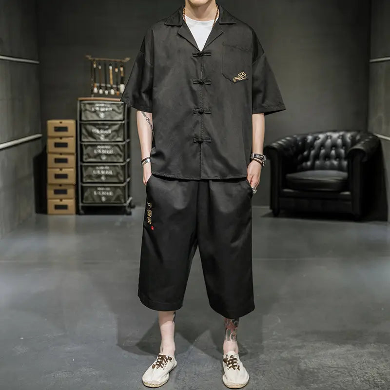 Cotton Linen Disc Button Shirt Collar Short-sleeved T-shirt Set