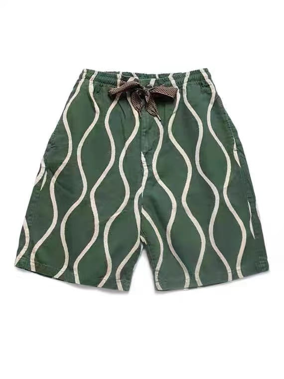 Cotton Linen Water Ripple Printing Japanese Trend Tether Casual Overalls Shorts