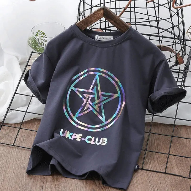 Boys’’ Short Sleeve T-shirt Net Red Laser Reflective Cub Children’’s Top Fashion