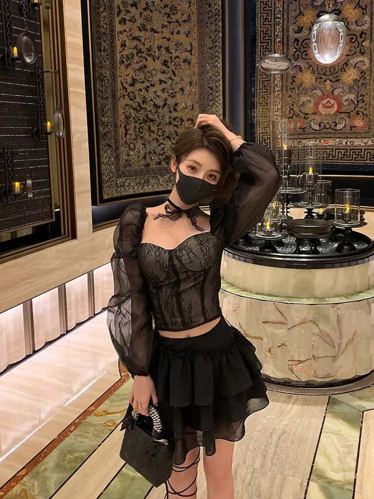 Fashion Temperament Sexy Western Style Long-sleeved Mesh Top
