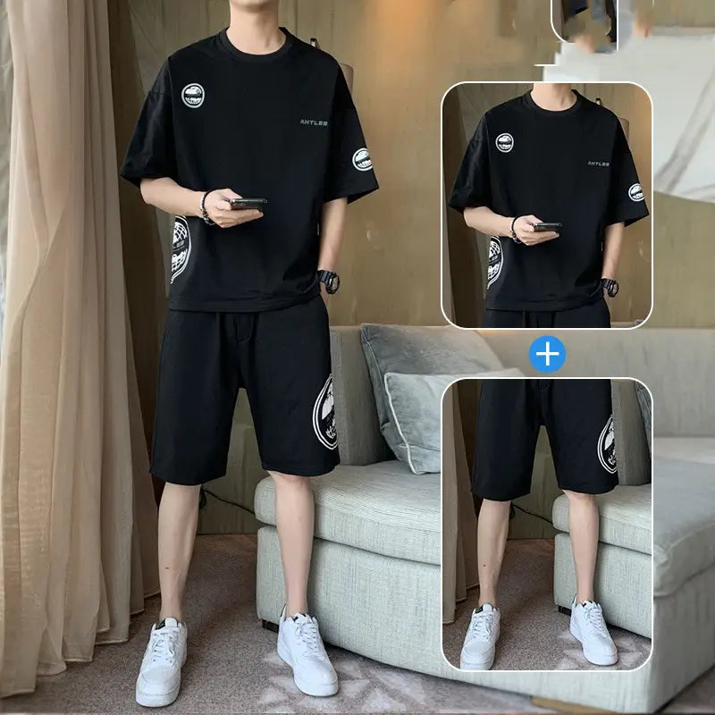 New Short-sleeved T-shirt Fashion Sports Suit Men’s Round Neck Bottoming Shirt A Set Of Tops Pants