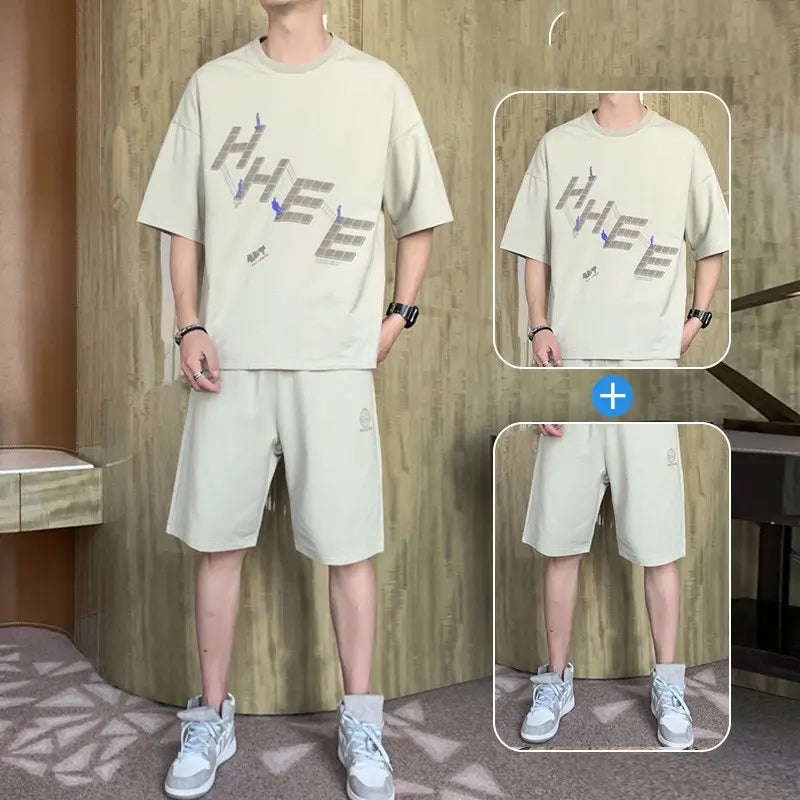 New Short-sleeved T-shirt Fashion Sports Suit Men’s Round Neck Bottoming Shirt A Set Of Tops Pants