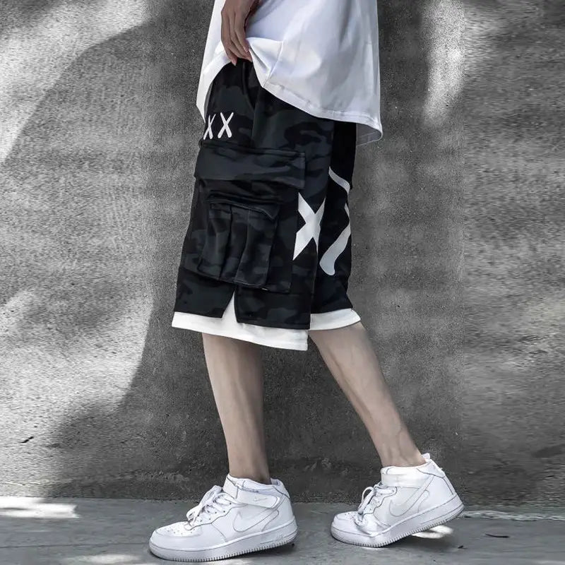 Personality Camouflage Fake Two-piece Overalls Shorts Hip-hop Sports Casual Pants