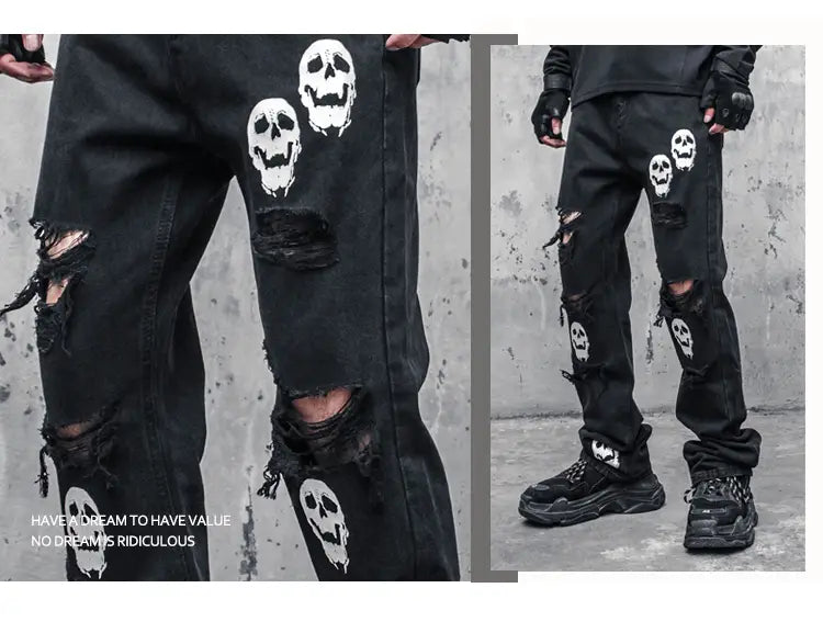 Skull And Crossbones Distressed Jeans Men