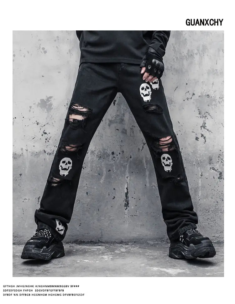 Skull And Crossbones Distressed Jeans Men