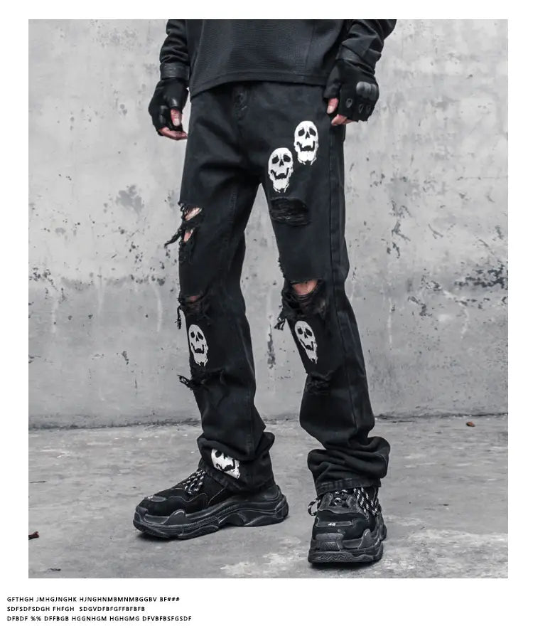 Skull And Crossbones Distressed Jeans Men