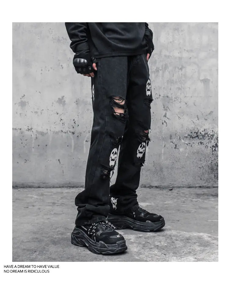 Skull And Crossbones Distressed Jeans Men