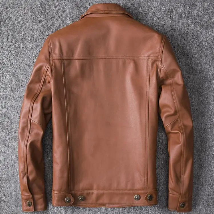 Top Layer Cowhide Leather Single-Breasted Men’s Lapel Jacket Leather Jacket