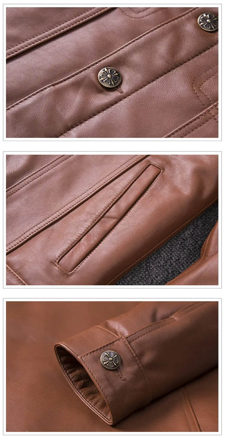 Top Layer Cowhide Leather Single-Breasted Men’s Lapel Jacket Leather Jacket