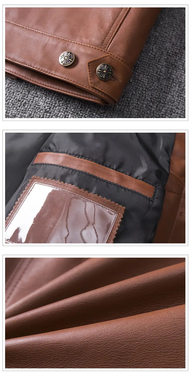 Top Layer Cowhide Leather Single-Breasted Men’s Lapel Jacket Leather Jacket