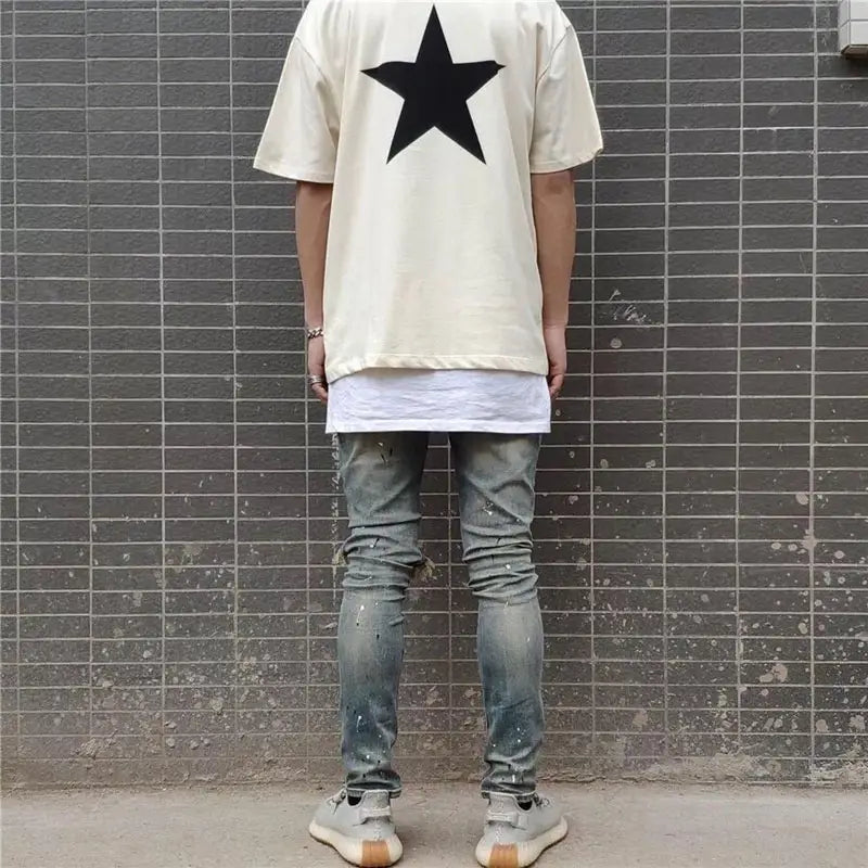 Five-pointed star double line T-shirt high street loose trend