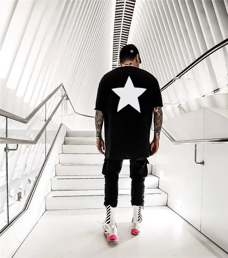Five-pointed star double line T-shirt high street loose trend