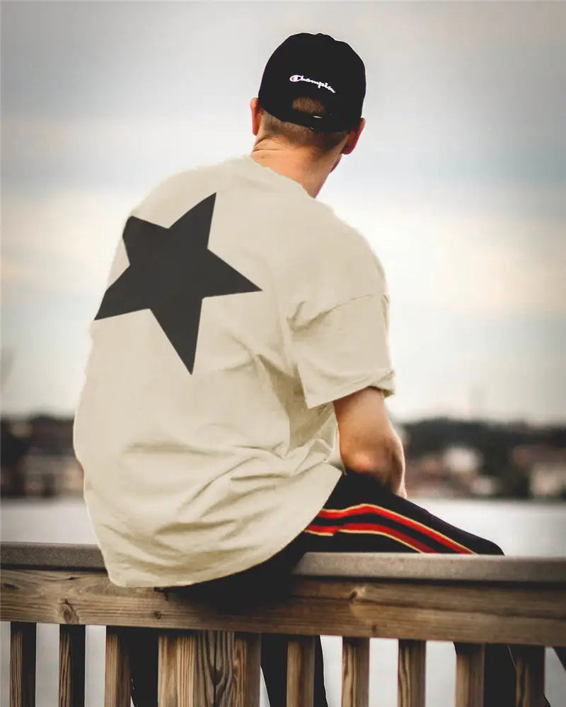 Five-pointed star double line T-shirt high street loose trend