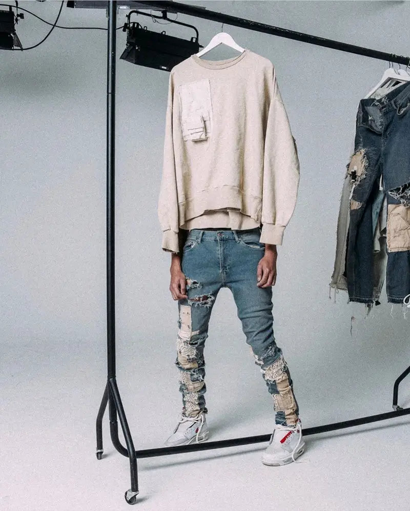 Men’s Dismantling Patch Lace Destroyed Old Slim-fitting Pants