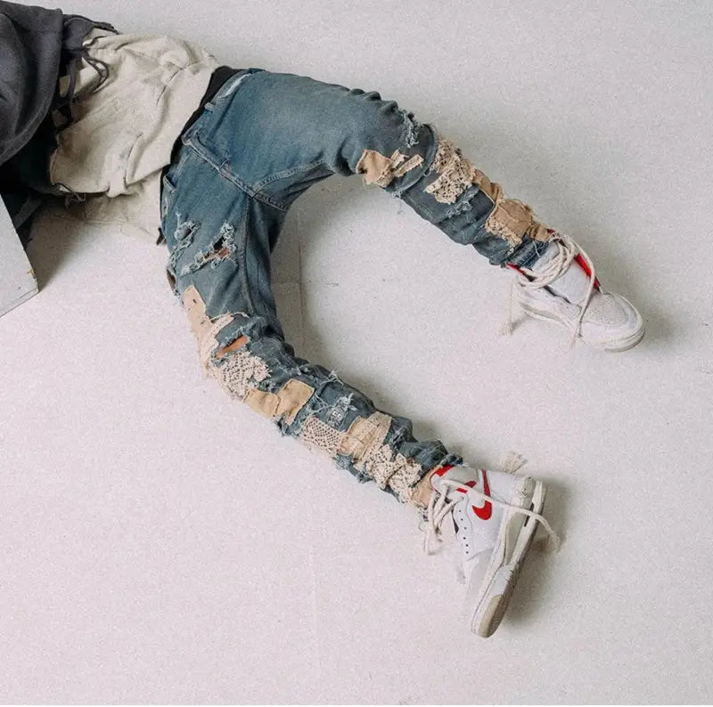Men’s Dismantling Patch Lace Destroyed Old Slim-fitting Pants