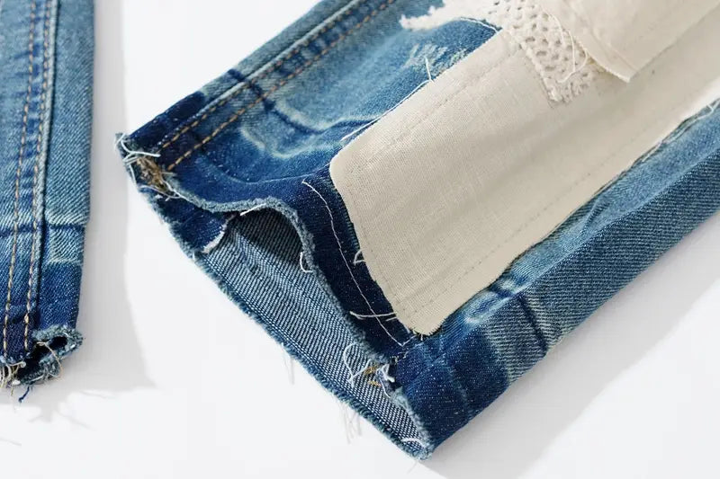 Men’s Dismantling Patch Lace Destroyed Old Slim-fitting Pants
