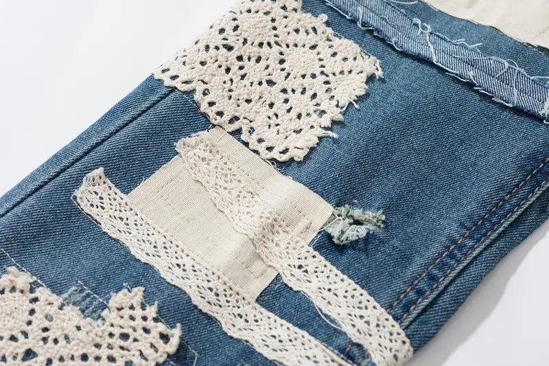 Men’s Dismantling Patch Lace Destroyed Old Slim-fitting Pants