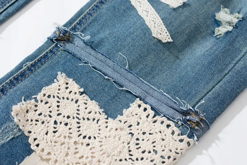 Men’s Dismantling Patch Lace Destroyed Old Slim-fitting Pants