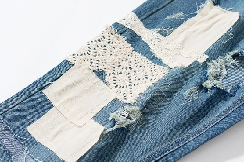 Men’s Dismantling Patch Lace Destroyed Old Slim-fitting Pants