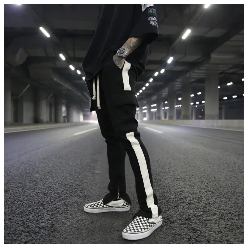 White Edge Woven Belt Large Pocket Zipper Casual Pants