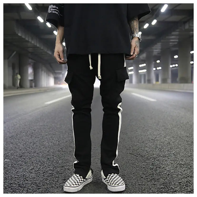 White Edge Woven Belt Large Pocket Zipper Casual Pants