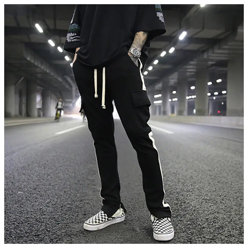 White Edge Woven Belt Large Pocket Zipper Casual Pants