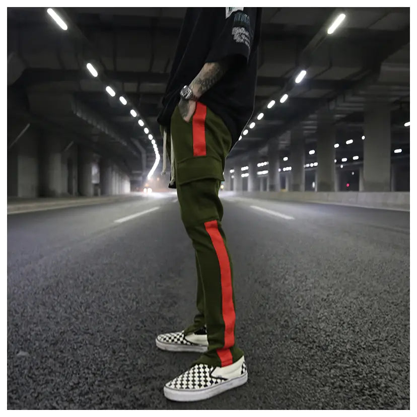 White Edge Woven Belt Large Pocket Zipper Casual Pants