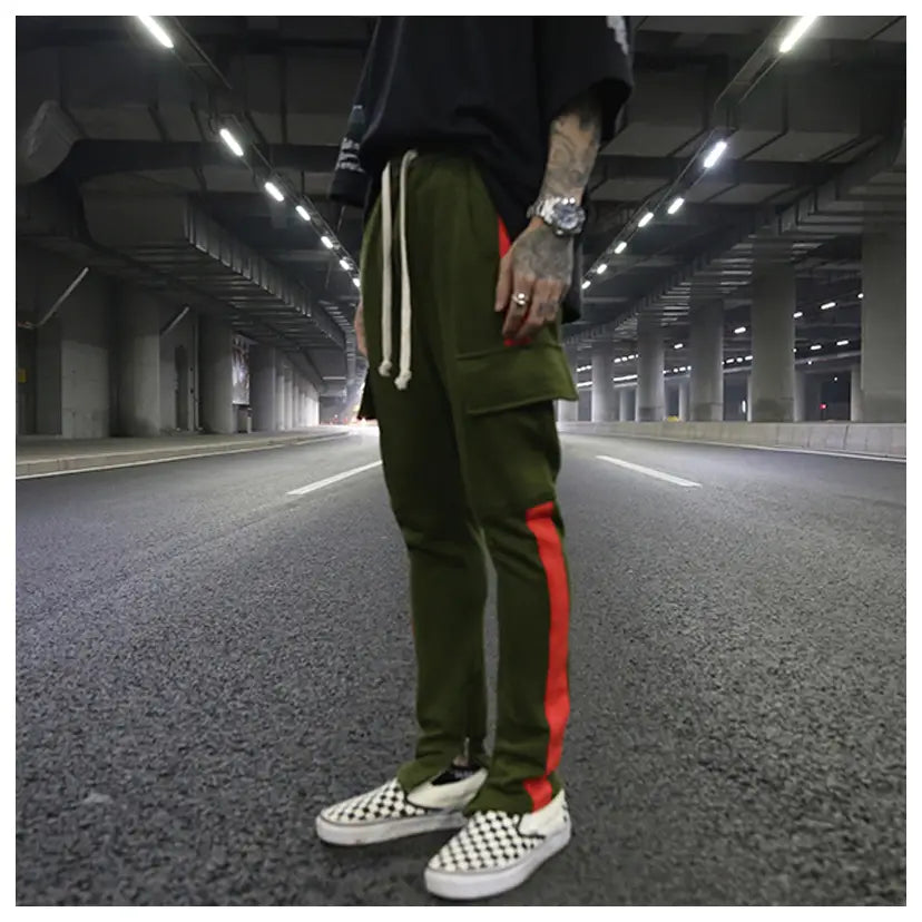 White Edge Woven Belt Large Pocket Zipper Casual Pants