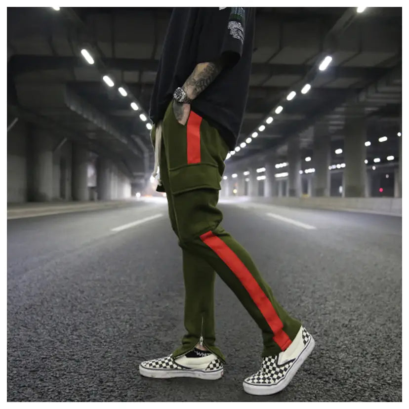 White Edge Woven Belt Large Pocket Zipper Casual Pants