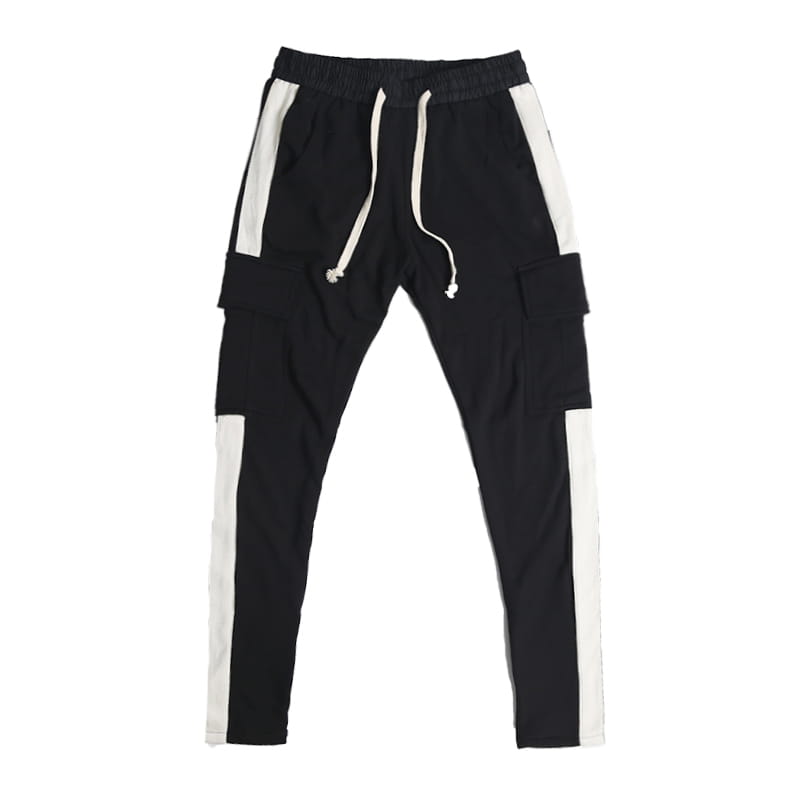White Edge Woven Belt Large Pocket Zipper Casual Pants
