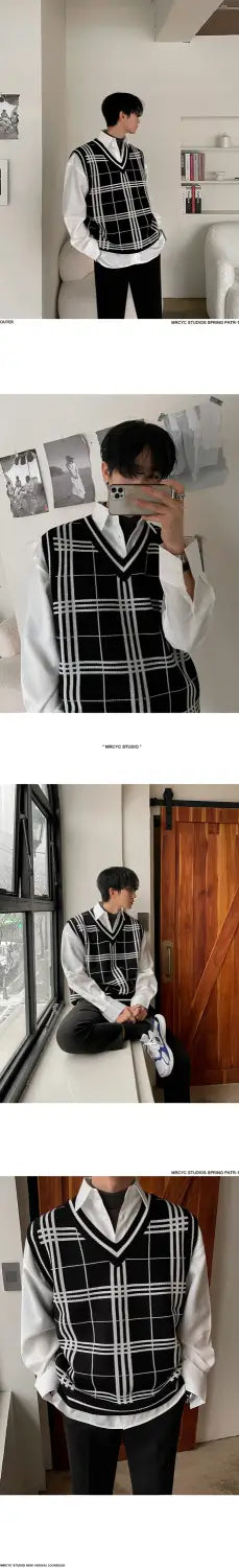 Knitted Men’s Trendy Plaid V-neck Sweater Vest