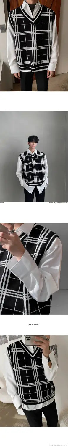 Knitted Men’s Trendy Plaid V-neck Sweater Vest