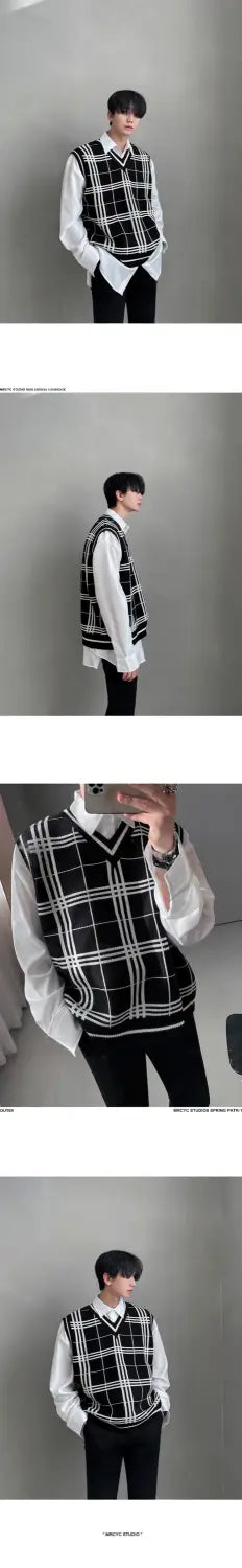 Knitted Men’s Trendy Plaid V-neck Sweater Vest