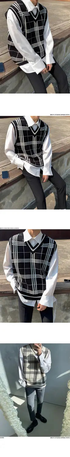 Knitted Men’s Trendy Plaid V-neck Sweater Vest