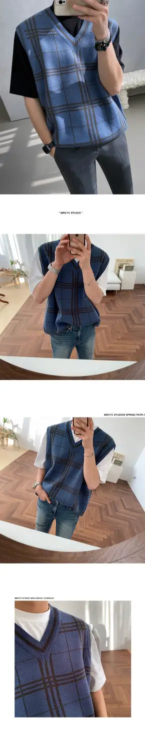 Knitted Men’s Trendy Plaid V-neck Sweater Vest