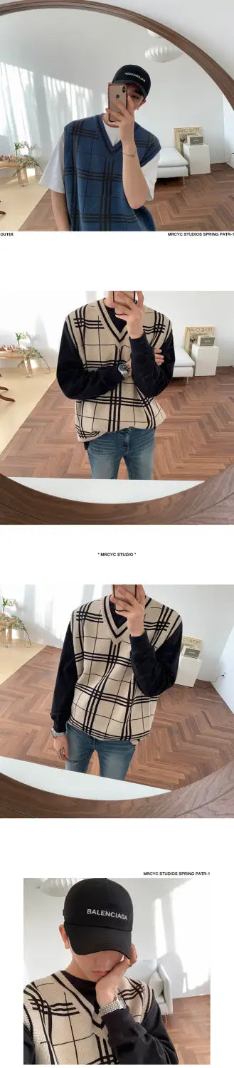 Knitted Men’s Trendy Plaid V-neck Sweater Vest