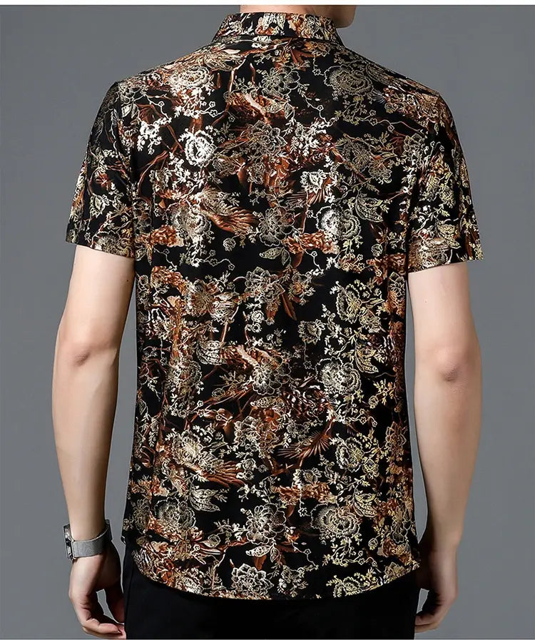Summer Men’s Middle-aged Printed Shirt Short Sleeve Stretch Ice Silk Leisure
