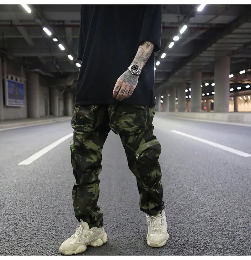 Multi-pocket camouflage straight pants
