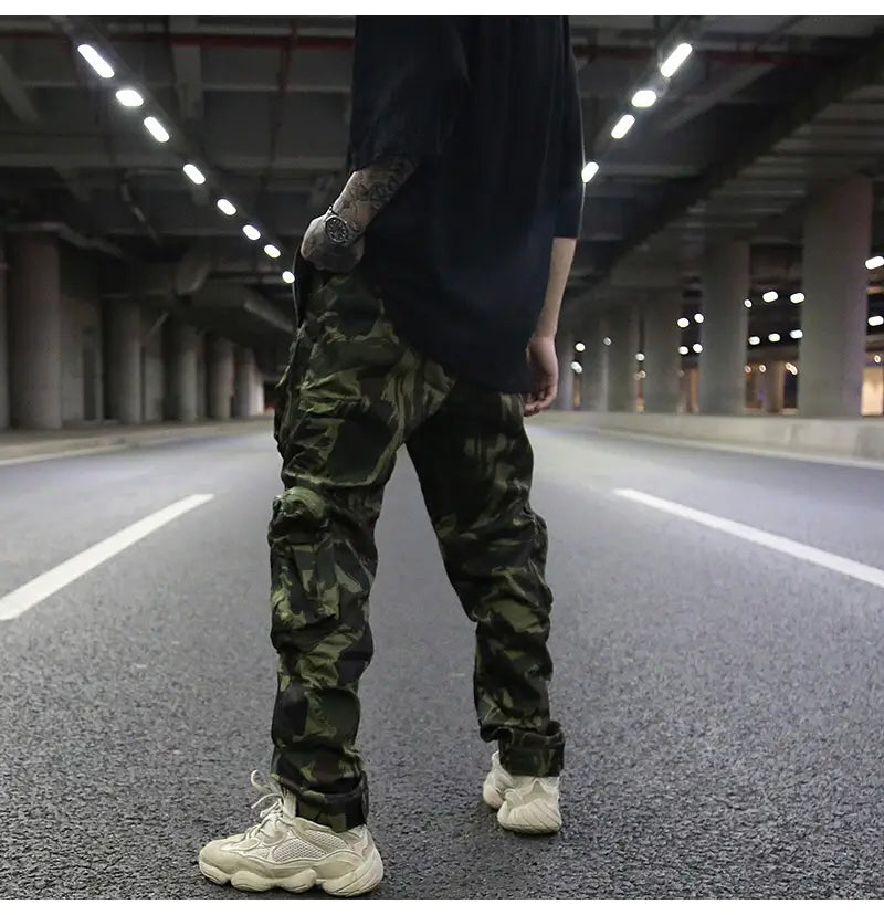 Multi-pocket camouflage straight pants